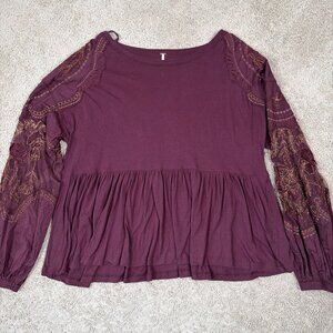 Free People Top Womens S Burgundy Penny Embroidered Sleeve Boxy Peplum Bohemian